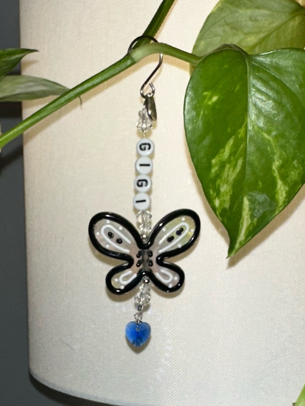Handmade Butterfly Beaded Plant Charm with Blue Heart